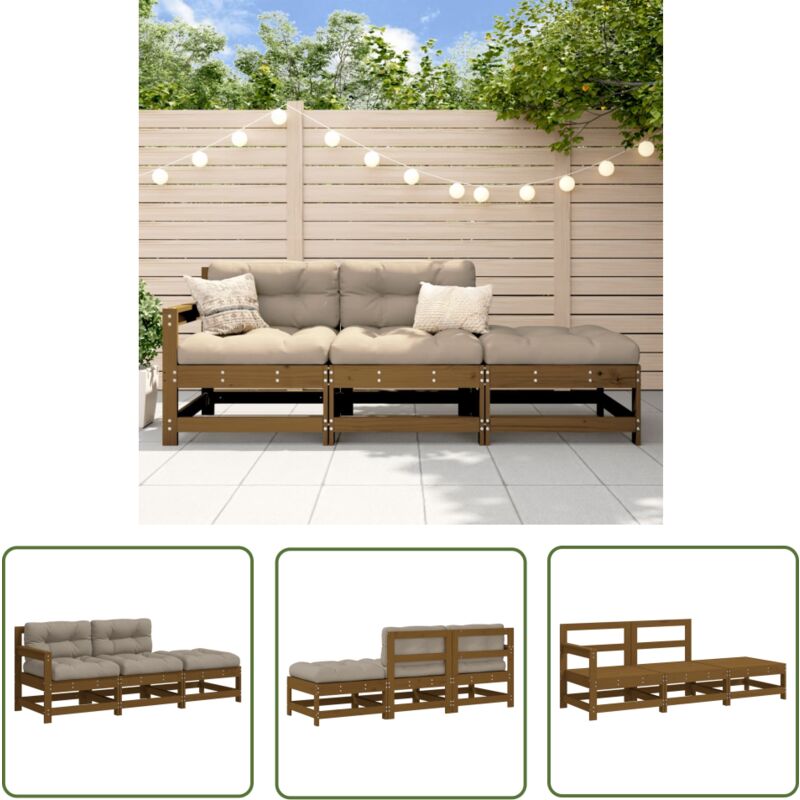 The Living Store - Salon de jardin 3 pcs avec coussins marron miel bois massif - Salon De Jardin - Mobilier De Jardin - Ensemble Salon - Canapé