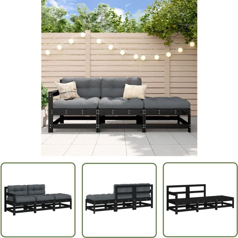 The Living Store - Salon de jardin 3 pcs avec coussins noir bois massif - Salon De Jardin - Mobilier De Jardin - Ensemble Salon De Jardin - Canapé