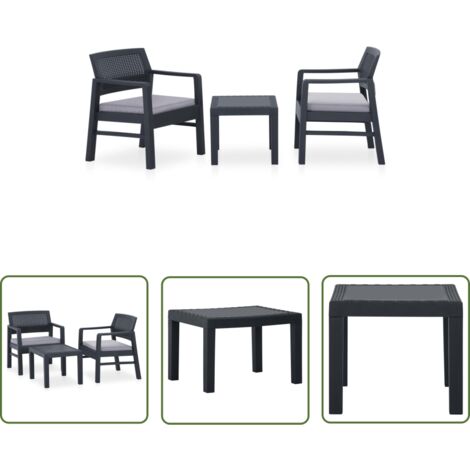 The Living Store Salon de jardin 3 pcs avec coussins Plastique Gris - Salon De Jardin - Mobilier De Jardin - Ensemble Salon - Meubles D'extérieur - Table De Jardin