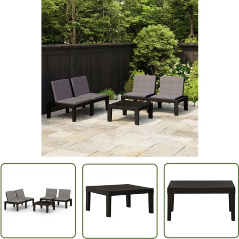 The Living Store Salon de jardin 3 pcs avec coussins Plastique Gris - Salon De Jardin - Mobilier De Jardin - Ensemble Salon - Table Basse - Chaises Pliantes