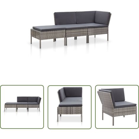 The Living Store Salon de jardin 3 pcs avec coussins Résine tressée Gris - Salon De Jardin - Mobilier De Jardin - Meubles De Jardin - Set De Salon De Jardin - Canapé De Jardin