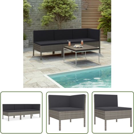The Living Store Salon de jardin 3 pcs avec coussins Résine tressée Gris - Salon De Jardin - Mobilier De Jardin - Set De Salon De Jardin - Canapé D'extérieur - Chaise Longue