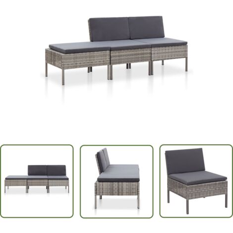 The Living Store Salon de jardin 3 pcs avec coussins Résine tressée Gris - Salon De Jardin - Mobilier De Jardin - Set De Salon - Meubles De Terrasse - Canapé D'extérieur