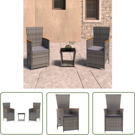 The Living Store Salon de jardin 3 pcs avec coussins Résine tressée Gris - Salon De Jardin - Mobilier Extérieur - Ensemble De Salon - Chaise Inclinable - Résine Tressée