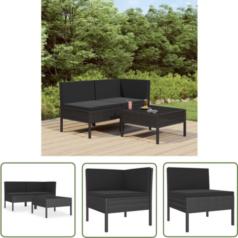 The Living Store - Salon de jardin 3 pcs avec coussins Résine tressée Noir