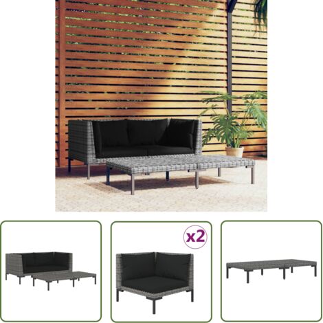 The Living Store Salon de jardin 3 pcs Gris foncé Résine tressée demi-ronde - Ensemble Salon De Jardin - Meubles De Jardin - Canapé Extérieur - Chaise De Jardin - Fauteuil De Jardin