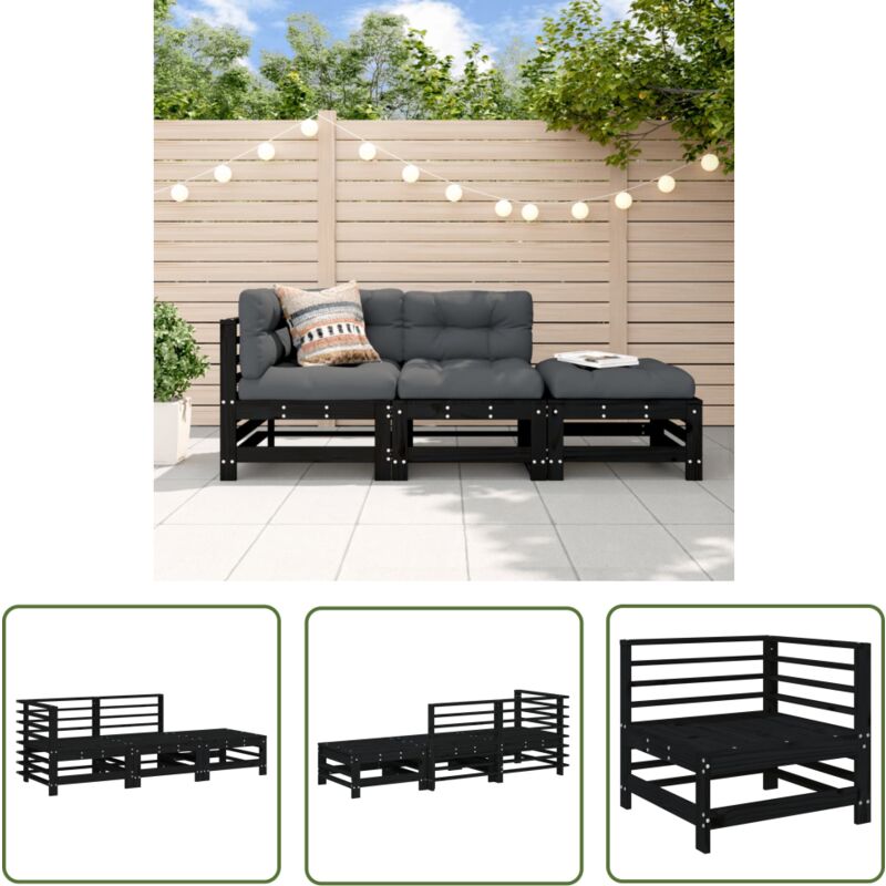 The Living Store - Salon de jardin 3 pcs noir bois massif de pin - Salon De Jardin - Meuble De Jardin - Ensemble De Salon - Meubles De Jardin - Bois