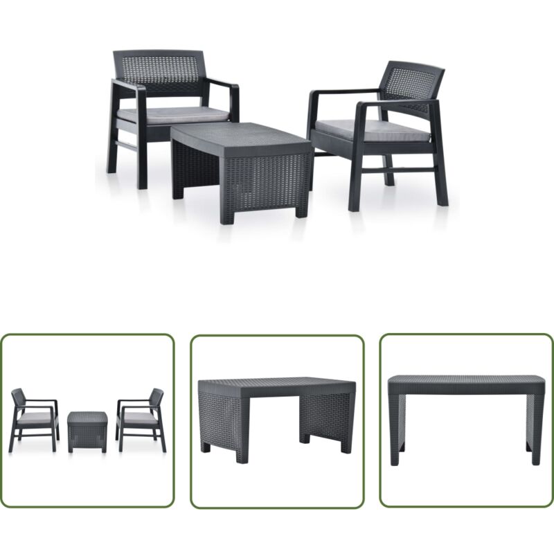 Salon de jardin 3 pcs Plastique Anthracite - Meubles De Jardin - Salon De Jardin - Meubles D'extérieur - Set De Jardin - Table De Jardin - The Living