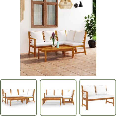 The Living Store Salon de jardin 4 pcs avec coussin Crème Bois d'acacia solide - Mobilier De Jardin - Salon De Jardin - Meubles De Jardin - Set Salon De Jardin - Acacia Massif