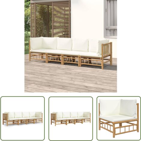 The Living Store Salon de jardin 4 pcs avec coussins blanc crème bambou - Salon De Jardin - Mobilier De Jardin - Ensemble De Salon - Meubles De Jardin - Bambou