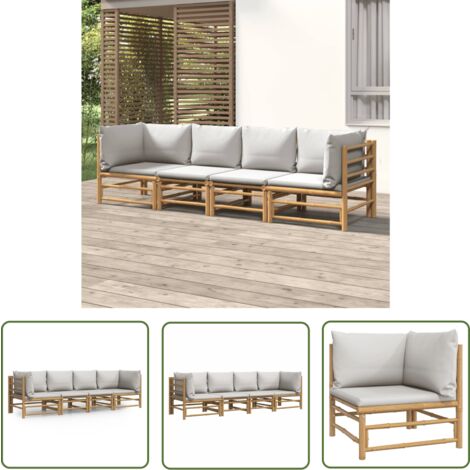 The Living Store Salon de jardin 4 pcs avec coussins gris clair bambou - Salon De Jardin - Mobilier De Jardin - Ensemble De Salon - Meubles En Bambou - Canapé D'angle
