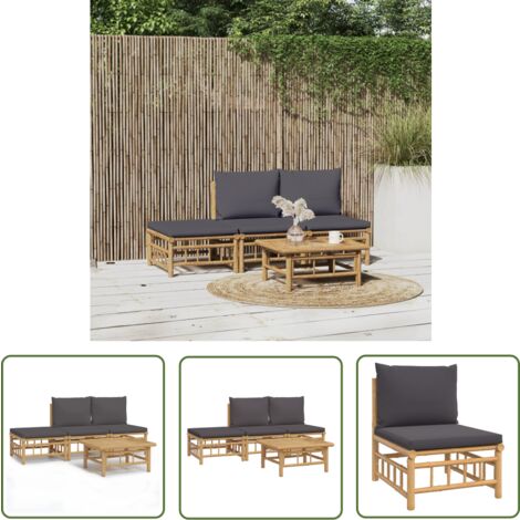The Living Store Salon de jardin 4 pcs avec coussins gris foncé bambou - Salon De Jardin - Mobilier De Jardin - Ensemble De Salon - Meubles En Bambou - Set De Jardin