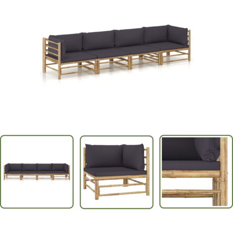 The Living Store Salon de jardin 4 pcs avec coussins gris foncé bambou - Salon De Jardin - Mobilier De Jardin - Set De Salon - Bamboo Furniture - Chaise Longue