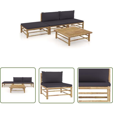 The Living Store Salon de jardin 4 pcs avec coussins gris foncé bambou - Salon De Jardin - Mobilier De Jardin - Set De Salon - Meubles De Jardin - Bambou