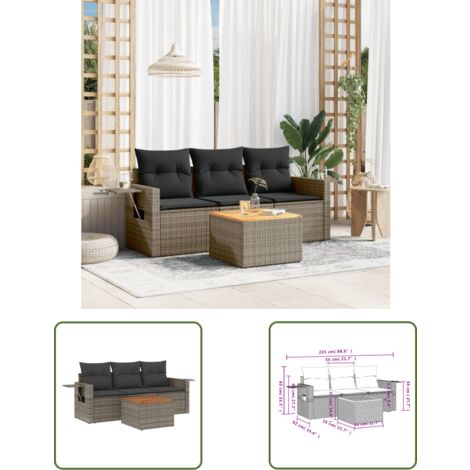 The Living Store Salon de jardin 4 pcs avec coussins gris résine tressée - Ensemble Salon De Jardin - Meuble Extérieur - Résine Tressée - Rotin Synthétique - Fauteuil Jardin