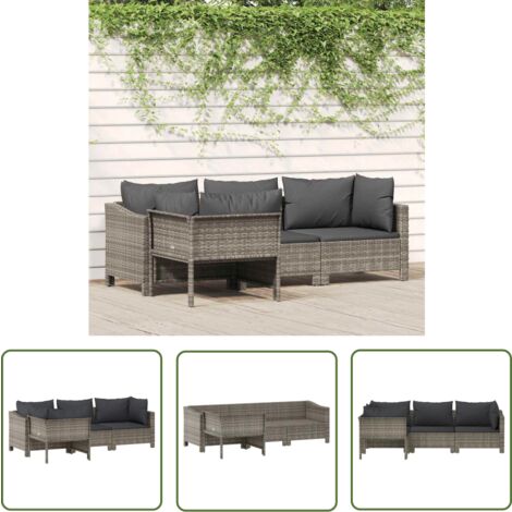 The Living Store Salon de jardin 4 pcs avec coussins Gris Résine tressée - Salon De Jardin - Meuble De Jardin - Ensemble De Salon - Résine Tressée - Mobilier Extérieur