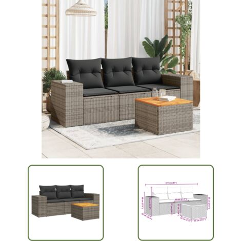 The Living Store Salon de jardin 4 pcs avec coussins gris résine tressée - Salon De Jardin - Meuble De Jardin - Salon Extérieur - Set De Jardin - Mobilier De Jardin