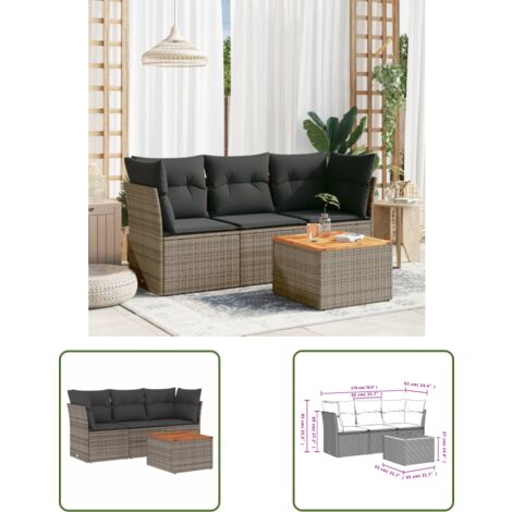 The Living Store Salon de jardin 4 pcs avec coussins gris résine tressée - Salon De Jardin - Meuble Extérieur - Mobilier De Jardin - Set Salon De Jardin - Résine Tressée