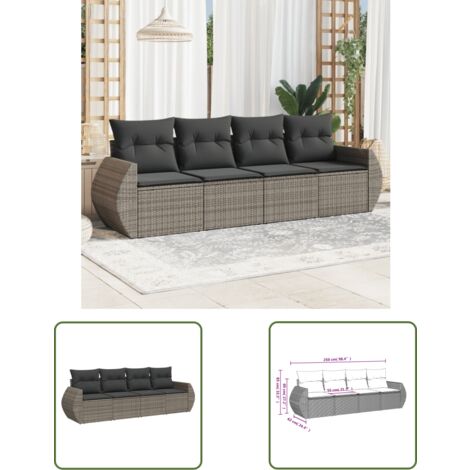 The Living Store Salon de jardin 4 pcs avec coussins gris résine tressée - Salon De Jardin - Meuble Extérieur - Set Salon - Résine Tressée - Rotin Synthétique