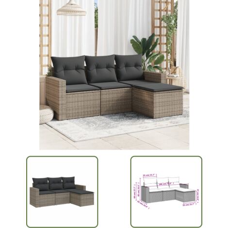 The Living Store Salon de jardin 4 pcs avec coussins gris résine tressée - Salon De Jardin - Mobilier De Jardin - Salon Extérieur - Set De Canapé - Canapé Pliable