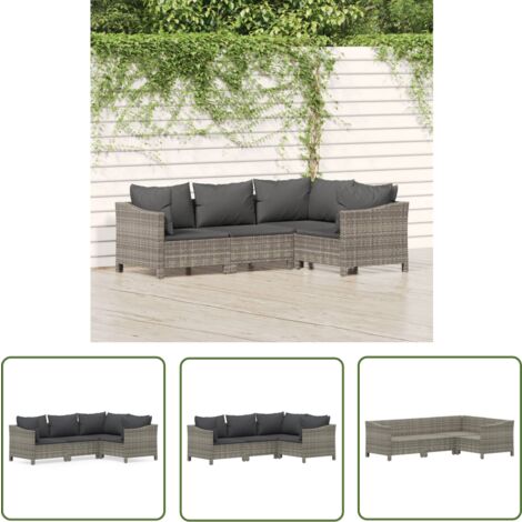 The Living Store Salon de jardin 4 pcs avec coussins Gris Résine tressée - Salon De Jardin - Mobilier De Jardin - Set De Salon - Meubles De Jardin - Résine Tressée