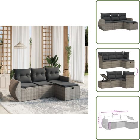 The Living Store Salon de jardin 4 pcs avec coussins gris résine tressée - Salon De Jardin - Mobilier Extérieur - Salon D'extérieur - Set De Salon - Chaise Longue
