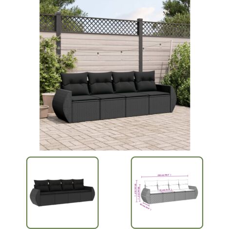 The Living Store Salon de jardin 4 pcs avec coussins noir résine tressée - Canapé De Jardin - Salon De Jardin - Meuble Extérieur - Résine Tressée - Rotin Synthétique