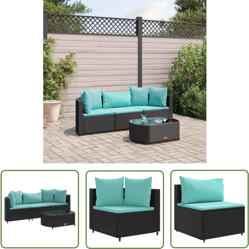 Salon de jardin 4 pcs avec coussins noir résine tressée - Ensemble Salon De Jardin - Canapé D'extérieur - Mobilier De Jardin - Résine Tressée - Rotin
