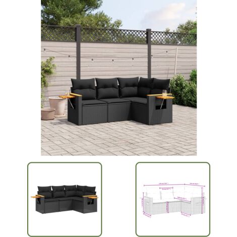 The Living Store Salon de jardin 4 pcs avec coussins noir résine tressée - Ensemble Salon De Jardin - Meuble Extérieur - Canapé Jardin - Rotin Synthétique - Résine Tressée