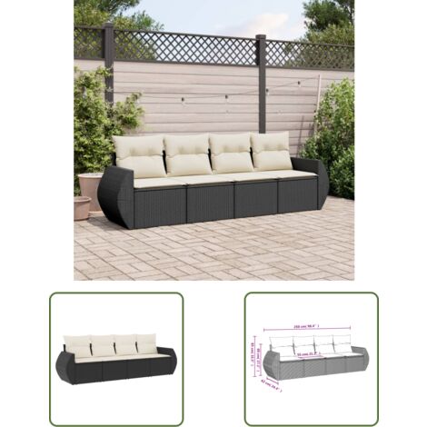 The Living Store Salon de jardin 4 pcs avec coussins noir résine tressée - Ensemble Salon De Jardin - Meuble Extérieur - Résine Tressée - Rotin Synthétique - Fauteuil De Jardin