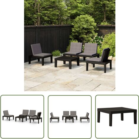 The Living Store Salon de jardin 4 pcs avec coussins Plastique Gris - Salon De Jardin - Mobilier De Jardin - Ensemble Salon - Set De Salon - Chaises De Jardin