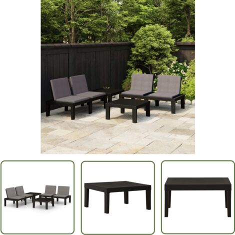 The Living Store Salon de jardin 4 pcs avec coussins Plastique Gris - Salon De Jardin - Mobilier De Jardin - Ensemble Salon - Table Basse - Chaise Longue