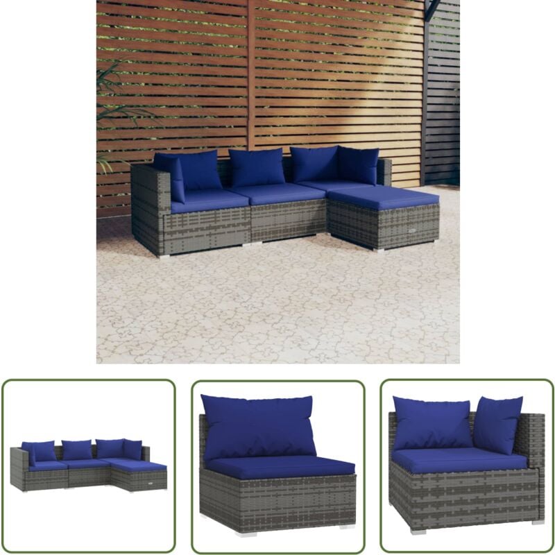 The Living Store - Salon de jardin 4 pcs avec coussins résine tressée gris - Meubles De Jardin - Salon De Jardin - Ensemble De Canapés - Canapé