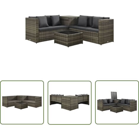 The Living Store Salon de jardin 4 pcs avec coussins résine tressée gris - Salon De Jardin - Mobilier De Jardin - Ensemble De Meubles De Jardin - Résine Tressée - Set De Salon Extérieur