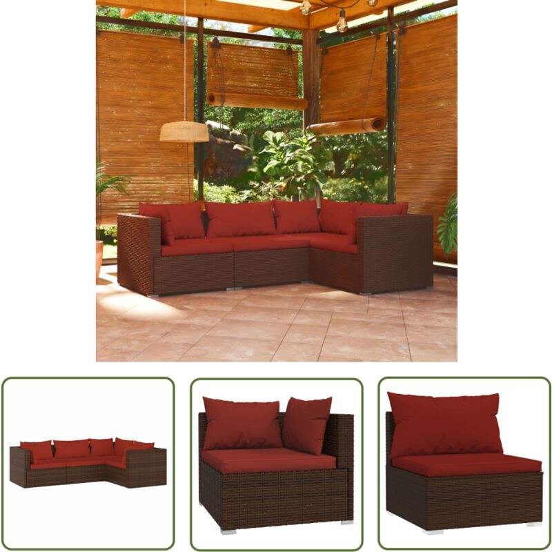 The Living Store - Salon de jardin 4 pcs avec coussins Résine tressée Marron - Meubles De Jardin - Salon De Jardin - Ensemble De Canapés - Canapé