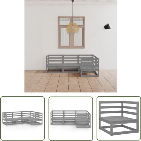 The Living Store Salon de jardin 4 pcs gris bois de pin massif - Salon De Jardin - Mobilier De Jardin - Meubles En Bois - Set De Salon De Jardin - Canapé D'angle