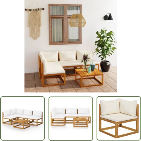 The Living Store Salon de jardin 5 pcs avec coussin Crème Bois d'acacia solide - Mobilier De Jardin - Salon De Jardin - Meubles De Jardin - Set De Salon De Jardin - Acacia