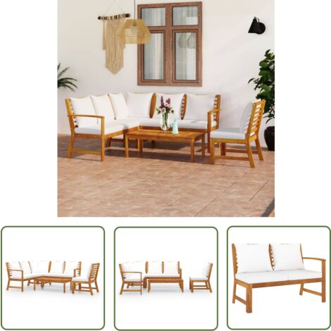 The Living Store Salon de jardin 5 pcs avec coussin Crème Bois d'acacia solide - Salon De Jardin - Meubles De Jardin - Mobilier De Jardin - Set Salon De Jardin - Acacia