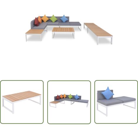 The Living Store Salon de jardin 5 pcs avec coussins Aluminium et WPC - Salon De Jardin - Meubles De Jardin - Ensemble Salon - Canapé D'angle - Chaise Longue