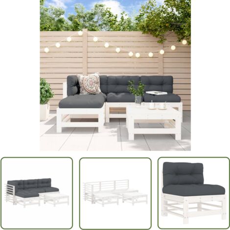 The Living Store Salon de jardin 5 pcs avec coussins blanc bois massif - Salon De Jardin - Mobilier De Jardin - Ensemble Salon - Meubles De Jardin - Bois Massif