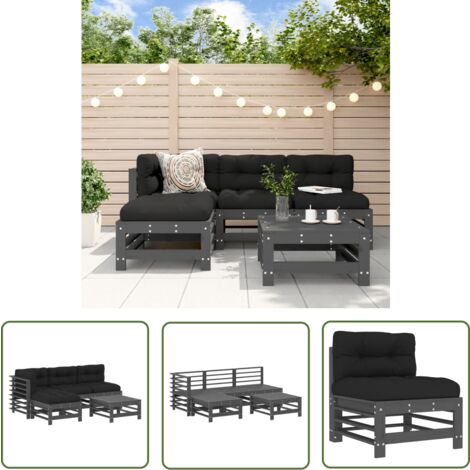 The Living Store Salon de jardin 5 pcs avec coussins gris bois massif - Salon De Jardin - Mobilier De Jardin - Ensemble Salon - Meubles De Jardin - Bois Massif