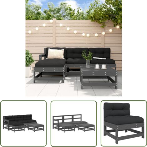 The Living Store Salon de jardin 5 pcs avec coussins gris bois massif - Salon De Jardin - Mobilier De Jardin - Ensemble Salon - Meubles De Jardin - Bois Massif