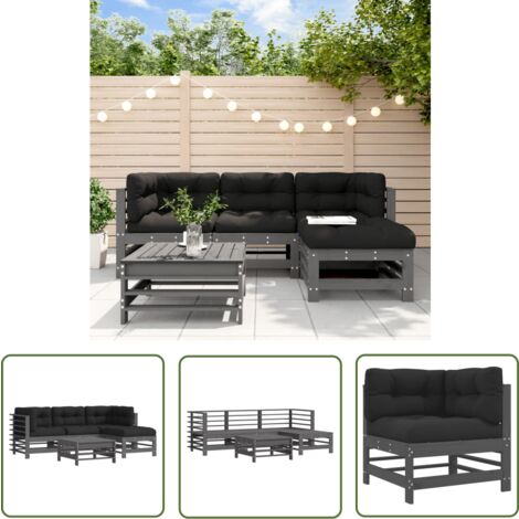 The Living Store Salon de jardin 5 pcs avec coussins gris bois massif - Salon De Jardin - Mobilier De Jardin - Ensemble Salon - Meubles De Jardin - Bois Massif
