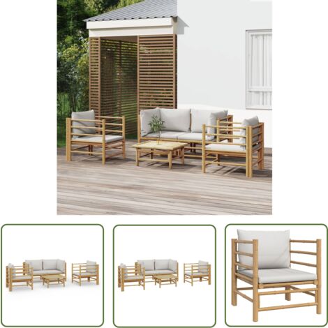 The Living Store Salon de jardin 5 pcs avec coussins gris clair bambou - Salon De Jardin - Mobilier De Jardin - Ensemble De Salon - Meubles De Jardin - Bambou