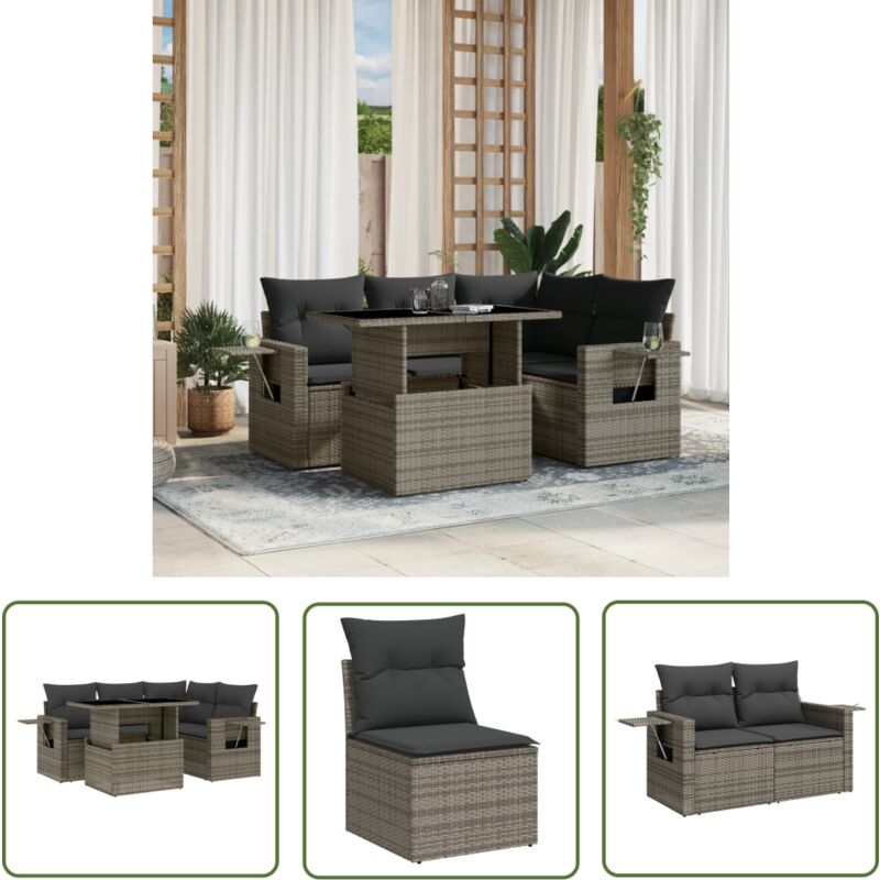 Salon de jardin 5 pcs avec coussins gris résine tressée - Ensemble Salon De Jardin - Meuble Extérieur - Résine Tressée - Rotin Synthétique - Table