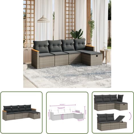 The Living Store Salon de jardin 5 pcs avec coussins gris résine tressée - Ensemble Salon De Jardin - Salon De Jardin Extérieur - Mobilier De Jardin - Canapé Jardin - Chaise Lounge