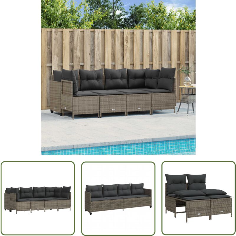 Salon de jardin 5 pcs avec coussins gris résine tressée - Ensemble Salon De Jardin - Salon De Jardin Extérieur - Mobilier De Jardin - Meubles De
