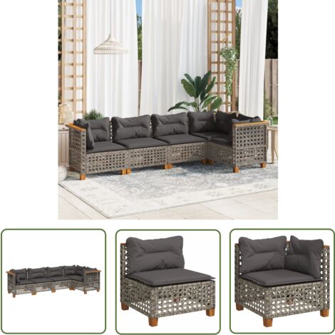 The Living Store Salon de jardin 5 pcs avec coussins gris résine tressée - Salon De Jardin - Canapé Extérieur - Meuble De Jardin - Set Salon De Jardin - Résine Tressée