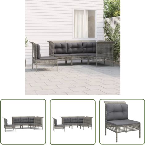 The Living Store Salon de jardin 5 pcs avec coussins Gris Résine tressée - Salon De Jardin - Mobilier De Jardin - Ensemble De Salon - Meubles De Jardin - Résine Tressée