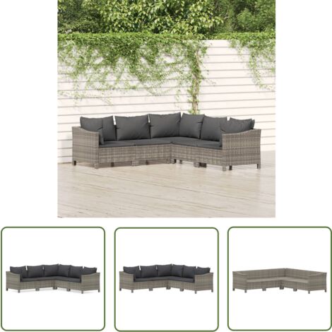 The Living Store Salon de jardin 5 pcs avec coussins Gris Résine tressée - Salon De Jardin - Mobilier De Jardin - Ensemble De Salon - Meubles De Jardin - Résine Tressée